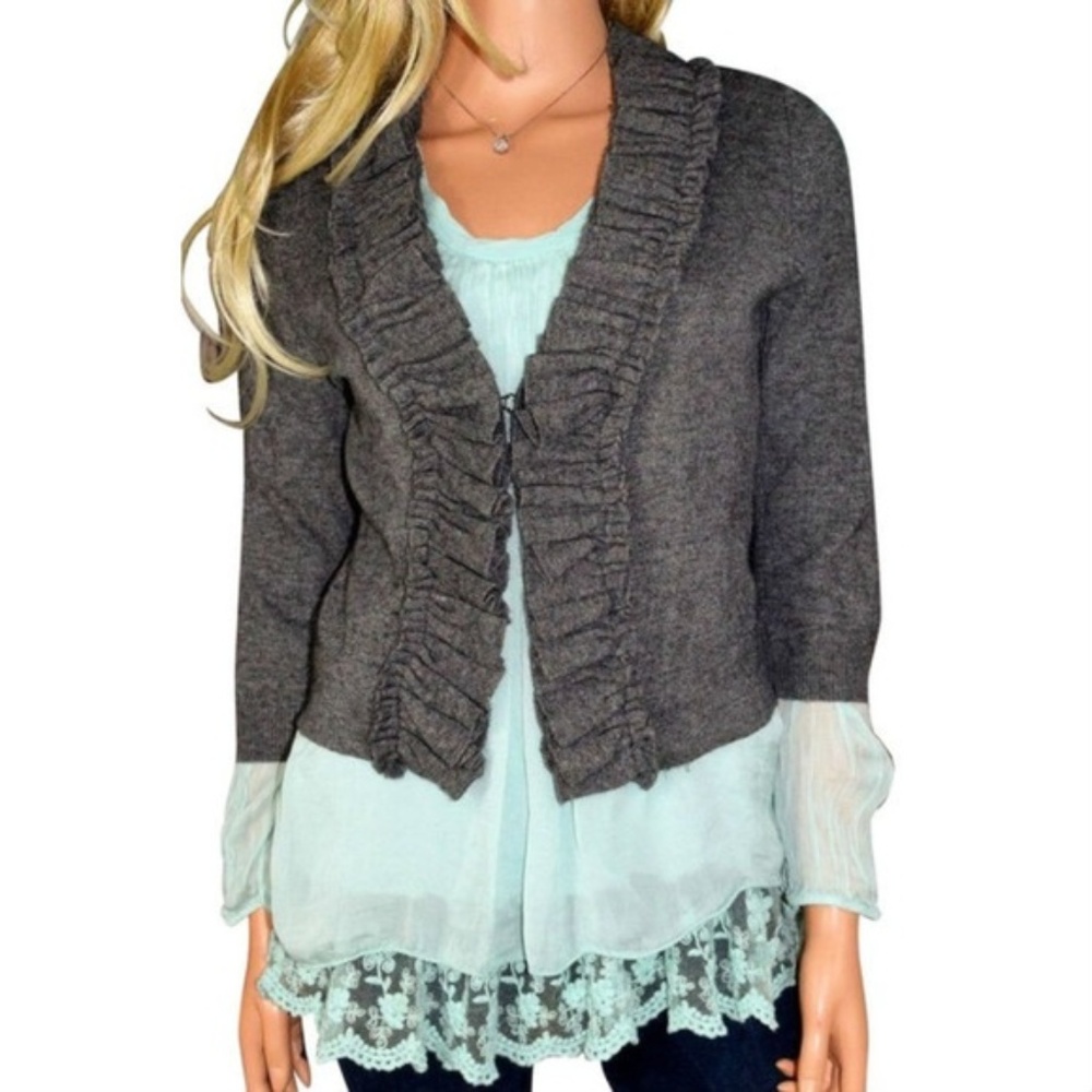 Anthropologie Tabitha Ruffled Cardigan Gray Large